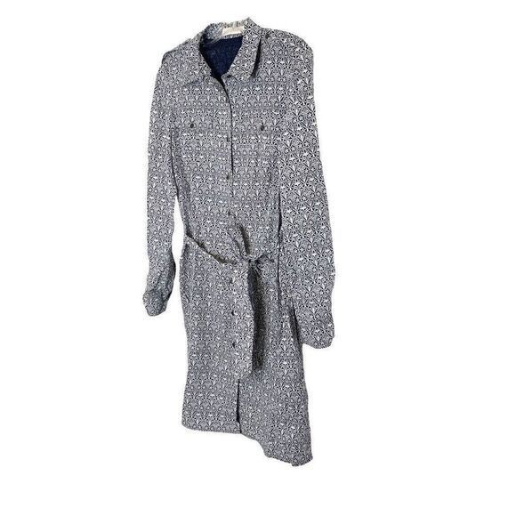 Tory Burch Blue Tile Printed White Button Up Belted Long Sleeve Work Dress Siz 8 - Picture 2 of 13